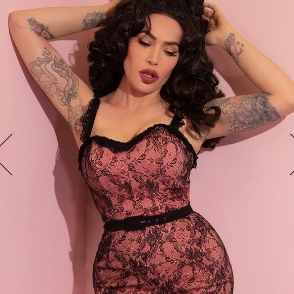 Vixen by Micheline Pitt Tops - Micheline Pitt Peach and Black Lace Bustier